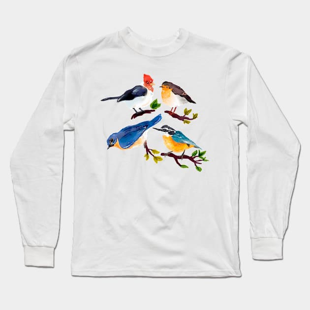 Autumn Birds Hand Drawn Watercolor Long Sleeve T-Shirt by Mako Design 